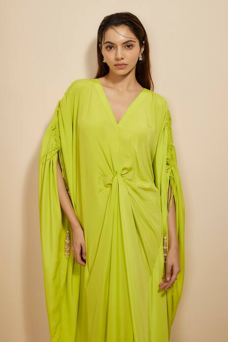 Shop Masumi Mewawalla Green Crepe Beads V-neck Cinched Centre Waist Kaftan Online at Aza Fashions Shop_Masumi Mewawalla_Green Crepe Beads V-neck Cinched Centre Waist Kaftan _Online_at_Aza_Fashions