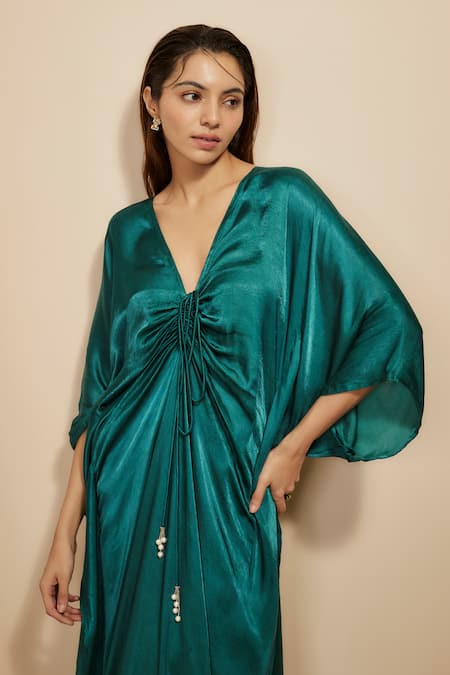 Masumi Mewawalla_Green Modal, Satin Beads V-neck Draped Front Kaftan _Online_at_Aza_Fashions