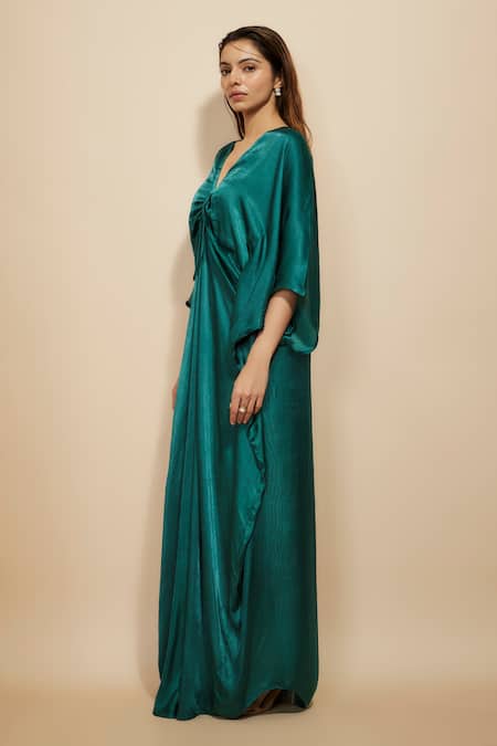 Buy_Masumi Mewawalla_Green Modal, Satin Beads V-neck Draped Front Kaftan _Online_at_Aza_Fashions