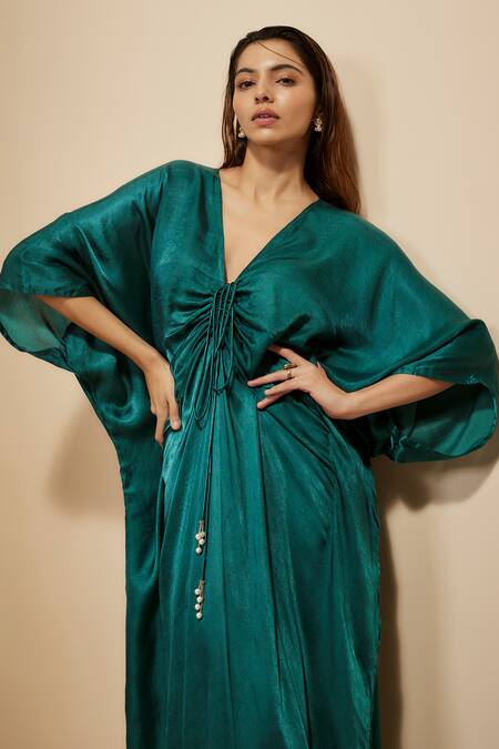 Shop_Masumi Mewawalla_Green Modal, Satin Beads V-neck Draped Front Kaftan _Online_at_Aza_Fashions