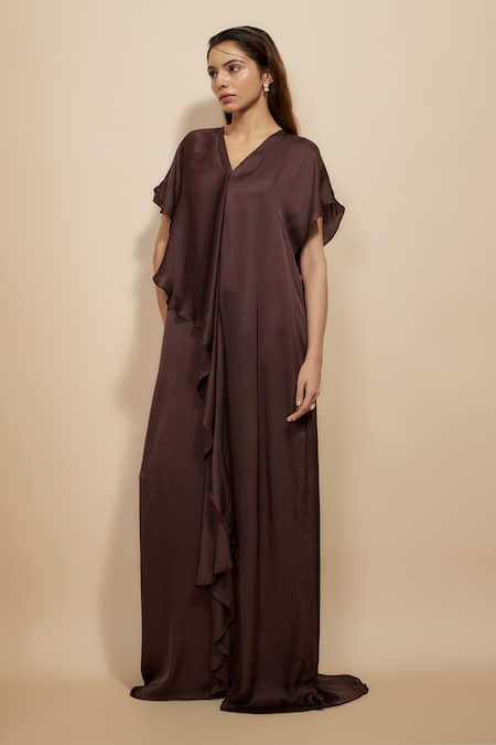 Masumi Mewawalla_Brown Modal, Satin V-neck Plain Layered Kaftan _Online_at_Aza_Fashions