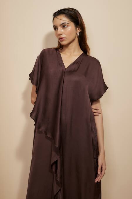 Shop_Masumi Mewawalla_Brown Modal, Satin V-neck Plain Layered Kaftan _Online_at_Aza_Fashions