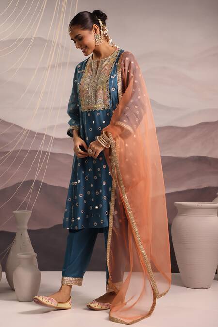 OMI_Blue Silk Embroidered Mirror Notched Mina Work Kurta Pant Set _Online_at_Aza_Fashions