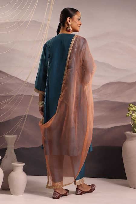 Shop_Omi_Blue Silk Embroidered Thread Notched Mina Yoke Kurta Pant Set _at_Aza_Fashions