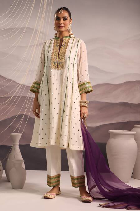 Omi Off White Chanderi Embroidered Mirror Notched Rano Work Kurta Pant Set Online at Aza Fashions Omi_Off White Chanderi Embroidered Mirror Notched Rano Work Kurta Pant Set _Online_at_Aza_Fashions