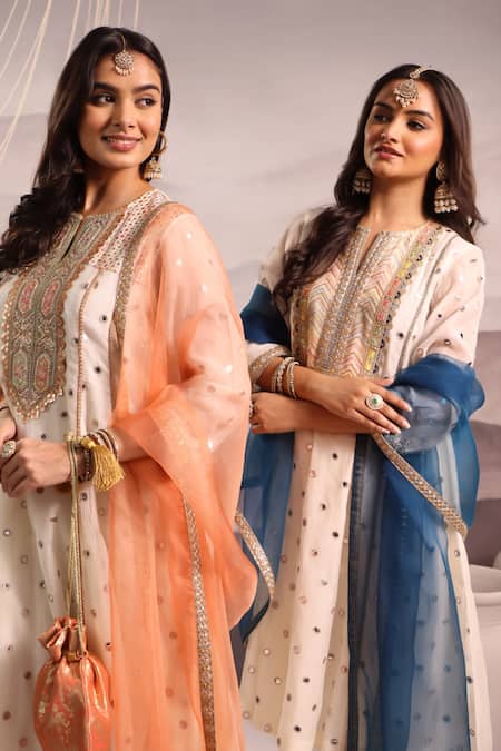 Omi Off White Chanderi Embroidered Mirror Notched Sana Work Kurta Pant Set Online at Aza Fashions Omi_Off White Chanderi Embroidered Mirror Notched Sana Work Kurta Pant Set _Online_at_Aza_Fashions