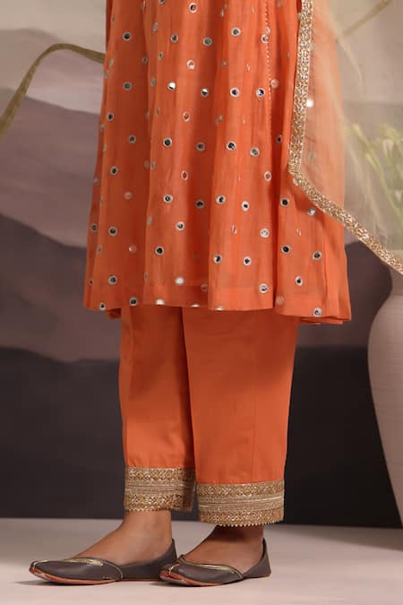 Omi_Peach Chanderi Embroidered Mirror Notched Sana Kurta Pant Set _Online_at_Aza_Fashions