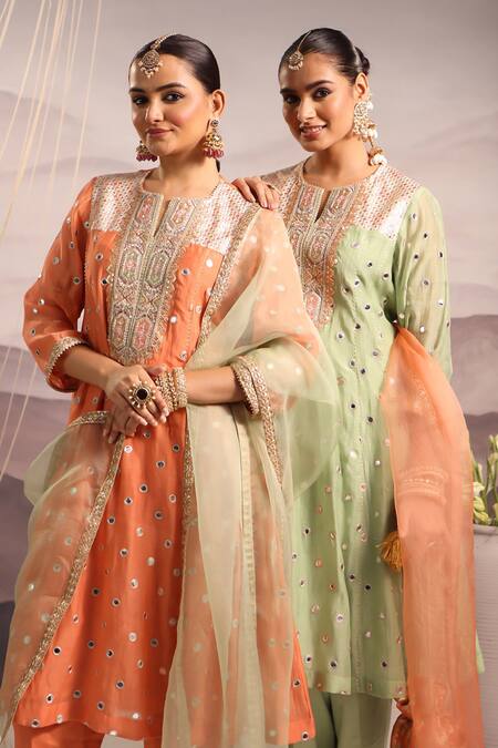 Shop_Omi_Peach Chanderi Embroidered Mirror Notched Sana Kurta Pant Set _Online_at_Aza_Fashions
