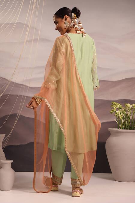 Shop_OMI_Green Chanderi Embroidery, Gota Patti, Mirrors Collared Sana Kurta Pant Set_at_Aza_Fashions