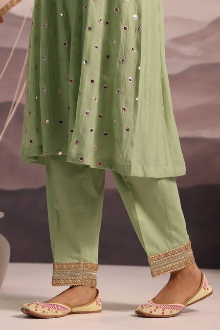 OMI_Green Chanderi Embroidery, Gota Patti, Mirrors Collared Sana Kurta Pant Set_Online_at_Aza_Fashions