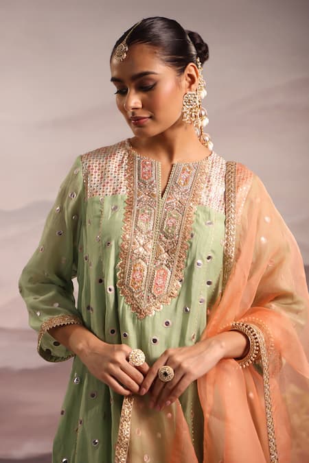 Buy_OMI_Green Chanderi Embroidery, Gota Patti, Mirrors Collared Sana Kurta Pant Set_Online_at_Aza_Fashions
