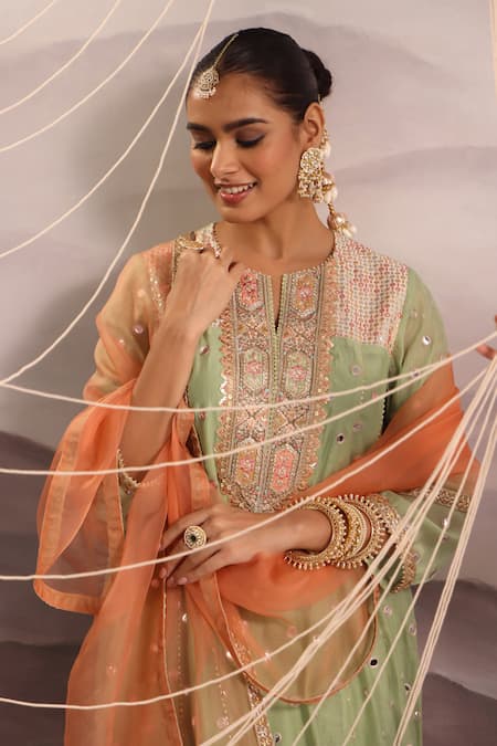 Shop_OMI_Green Chanderi Embroidery, Gota Patti, Mirrors Collared Sana Kurta Pant Set_Online_at_Aza_Fashions