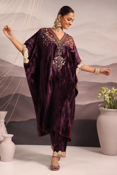 OMI_Wine Velvet Sequins, Beads, Embroidery V-neck Floral Hand Kaftan With Pant _Online_at_Aza_Fashions
