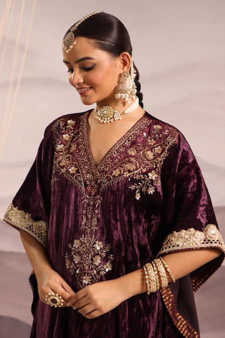 Shop_OMI_Wine Velvet Sequins, Beads, Embroidery V-neck Floral Hand Kaftan With Pant _Online_at_Aza_Fashions