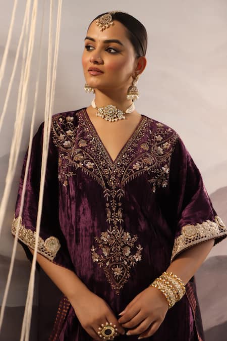 OMI_Wine Velvet Sequins, Beads, Embroidery V-neck Floral Hand Kaftan With Pant _at_Aza_Fashions