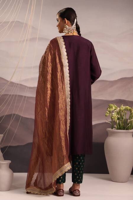 Shop_Omi_Wine Silk Lace, Sequins, Beads Round Neck Hand Embroidered Kurta Pant Set _at_Aza_Fashions