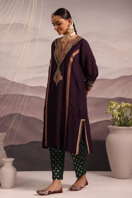 Omi_Wine Silk Lace, Sequins, Beads Round Neck Hand Embroidered Kurta Pant Set _Online_at_Aza_Fashions