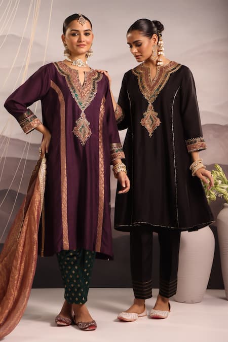OMI Black Silk Lace, Sequins, Beads Round Neck Hand Embroidered Choga Kurta Pant Set at Aza Fashions OMI_Black Silk Lace, Sequins, Beads Round Neck Hand Embroidered Choga Kurta Pant Set _at_Aza_Fashions