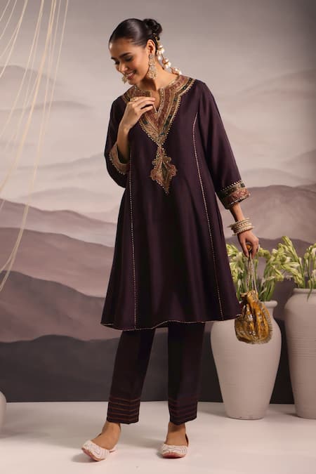 Shop_Omi_Wine Silk Lace, Sequins, Beads Round Neck Hand Embroidered Choga Kurta Pant Set _at_Aza_Fashions
