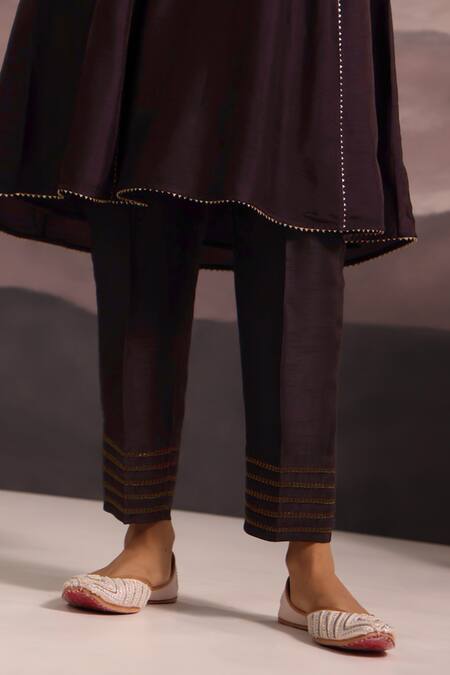 Omi_Wine Silk Lace, Sequins, Beads Round Neck Hand Embroidered Choga Kurta Pant Set _Online_at_Aza_Fashions