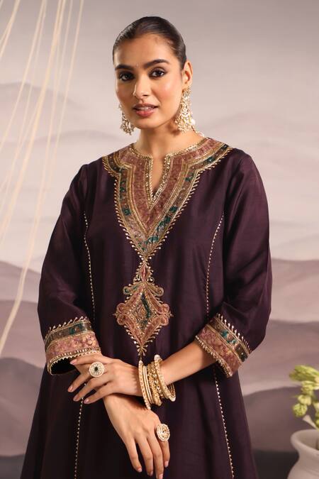 Buy_Omi_Wine Silk Lace, Sequins, Beads Round Neck Hand Embroidered Choga Kurta Pant Set _Online_at_Aza_Fashions