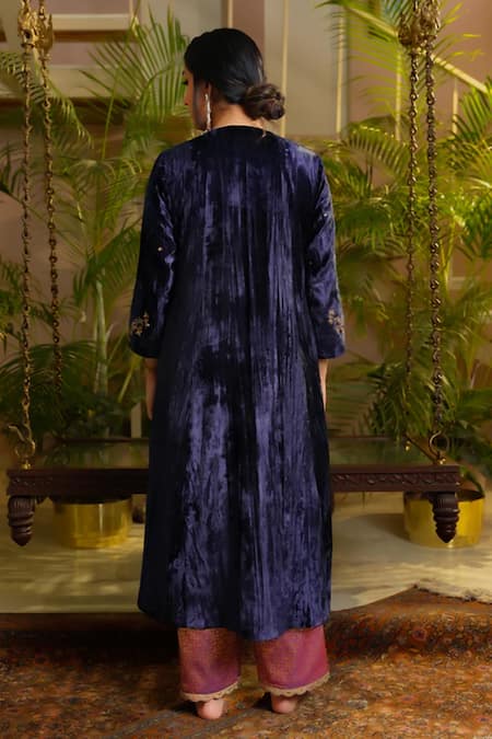 Shop_OMI_Blue Velvet Embroidery Round Neck Floral Hand A-line Kurta Pant Set _at_Aza_Fashions