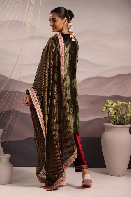 Shop_OMI_Green Velvet Diamonds, Embroidery, Sequins, Zari Mughal Hand Kurta Salwar Set _at_Aza_Fashions