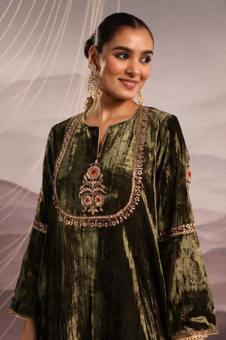 Shop_OMI_Green Velvet Diamonds, Embroidery, Sequins, Zari Mughal Hand Kurta Salwar Set _Online_at_Aza_Fashions