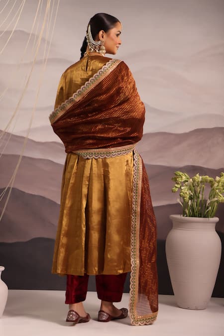 Shop_OMI_Gold Tissue Embroidery, Sequins, Beads Floral Hand Kalidar Kurta Salwar Set _at_Aza_Fashions