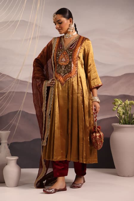 Buy_OMI_Gold Tissue Embroidery, Sequins, Beads Floral Hand Kalidar Kurta Salwar Set _Online_at_Aza_Fashions