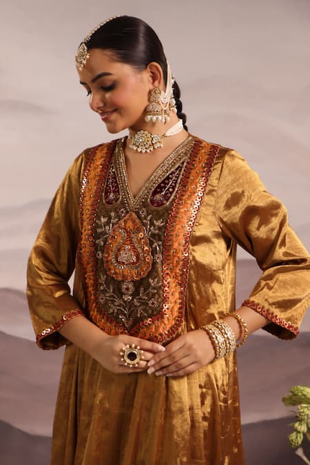 Shop_OMI_Gold Tissue Embroidery, Sequins, Beads Floral Hand Kalidar Kurta Salwar Set _Online_at_Aza_Fashions