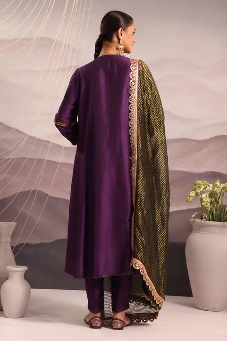 Shop_Omi_Purple Silk Sequins, Tassels, Beads Round Hand Embroidered Yoke Kurta Pant Set _at_Aza_Fashions