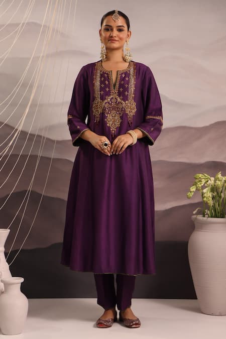Omi_Purple Silk Sequins, Tassels, Beads Round Hand Embroidered Yoke Kurta Pant Set _Online_at_Aza_Fashions