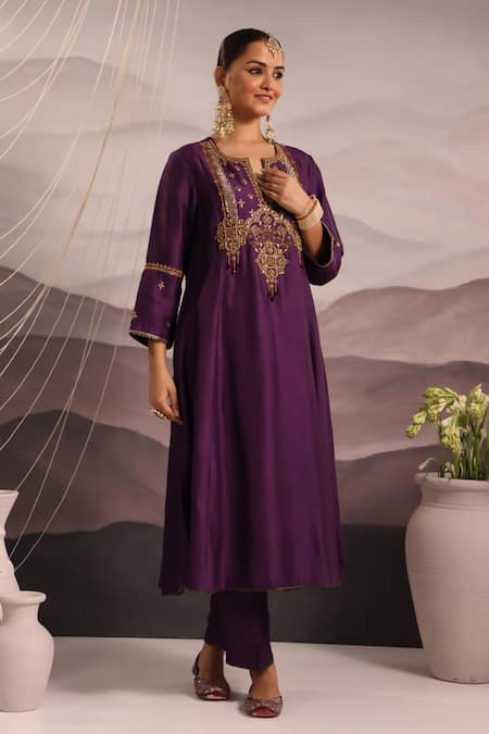 Buy_Omi_Purple Silk Sequins, Tassels, Beads Round Hand Embroidered Yoke Kurta Pant Set _Online_at_Aza_Fashions