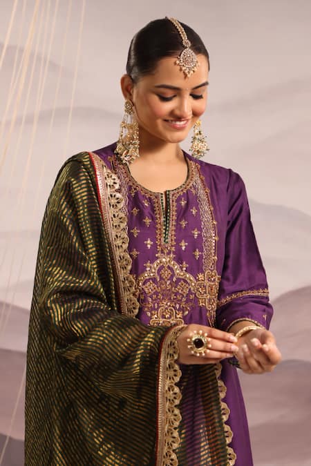 Shop_Omi_Purple Silk Sequins, Tassels, Beads Round Hand Embroidered Yoke Kurta Pant Set _Online_at_Aza_Fashions