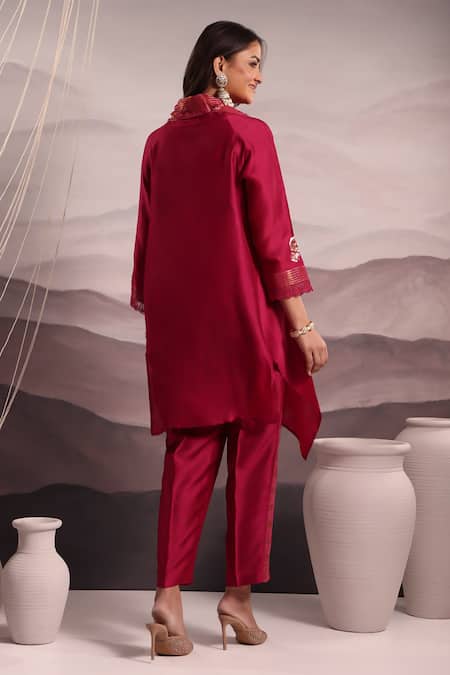 OMI Silk Floral Embroidered Asymmetric Kurta With Pant 