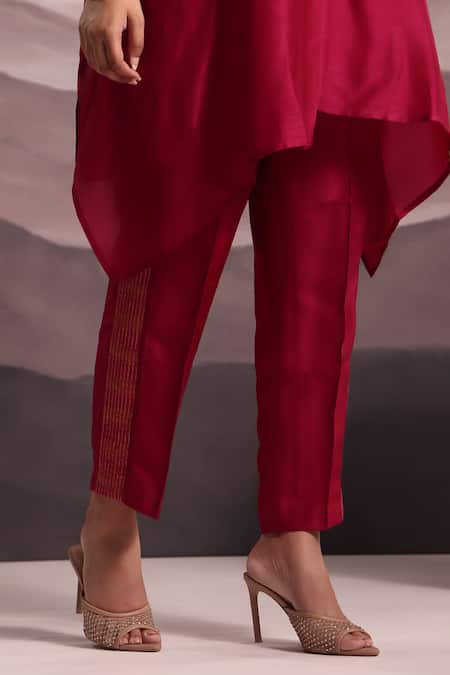 OMI Magenta Silk Embroidery, Sequins Cowl Neck Floral Asymmetric Kurta With Pant Online at Aza Fashions OMI_Magenta Silk Embroidery, Sequins Cowl Neck Floral Asymmetric Kurta With Pant _Online_at_Aza_Fashions