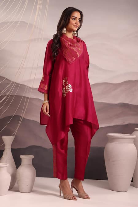 Shop OMI Magenta Silk Embroidery, Sequins Cowl Neck Floral Asymmetric Kurta With Pant Online at Aza Fashions Shop_OMI_Magenta Silk Embroidery, Sequins Cowl Neck Floral Asymmetric Kurta With Pant _Online_at_Aza_Fashions