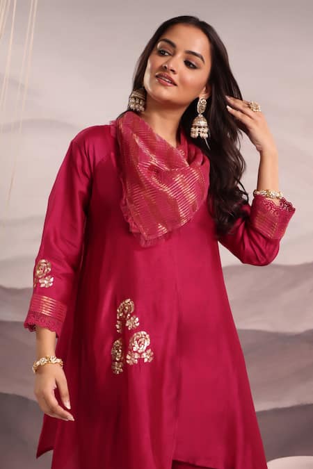 OMI Magenta Silk Embroidery, Sequins Cowl Neck Floral Asymmetric Kurta With Pant at Aza Fashions OMI_Magenta Silk Embroidery, Sequins Cowl Neck Floral Asymmetric Kurta With Pant _at_Aza_Fashions