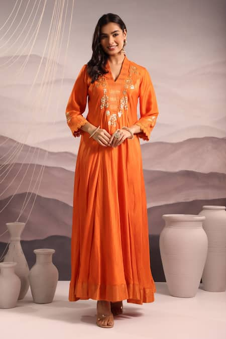 OMI Silk Floral Embroidered Kalidar Kurta 