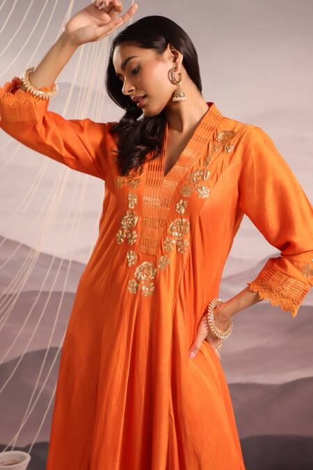 Shop OMI Orange Silk Sequins, Lace, Embroidery V-neck Floral Kalidar Kurta Online at Aza Fashions Shop_OMI_Orange Silk Sequins, Lace, Embroidery V-neck Floral Kalidar Kurta _Online_at_Aza_Fashions