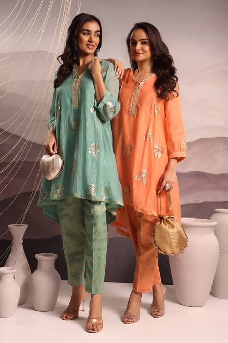 OMI_Aqua Chanderi Sequins, Lace, Embroidery V-neck High Low Kurta Set _Online_at_Aza_Fashions