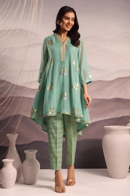 Shop_OMI_Aqua Chanderi Sequins, Lace, Embroidery V-neck High Low Kurta Set _Online_at_Aza_Fashions