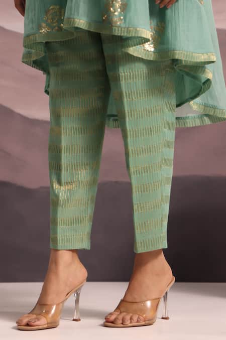 OMI_Aqua Chanderi Sequins, Lace, Embroidery V-neck High Low Kurta Set _at_Aza_Fashions