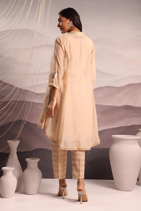 OMI Beige Floral Embroidered Kurta & Pant Set 