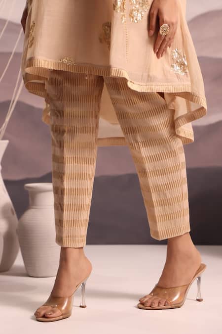 OMI_Beige Chanderi Sequins, Lace, Embroidery V-neck Floral Kurta And Pant Set _at_Aza_Fashions