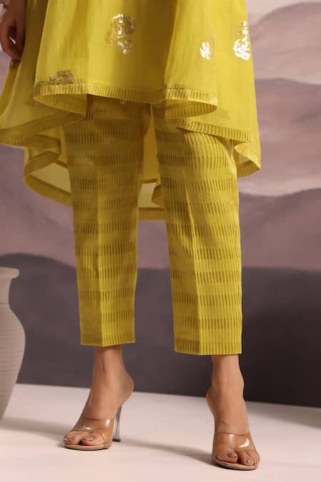 Shop_OMI_Lime Chanderi Sequins, Lace, Embroidery V-neck High Low Floral Kurta Set _Online_at_Aza_Fashions