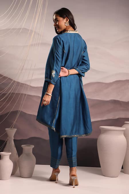 Shop_OMI_Blue Silk Embroidery, Sequins Collared Floral High Low Kurta With Pant _at_Aza_Fashions