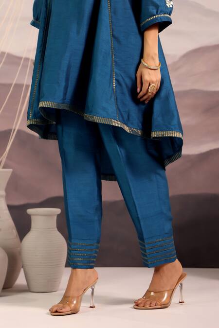 Shop_OMI_Blue Silk Embroidery, Sequins Collared Floral High Low Kurta With Pant _Online_at_Aza_Fashions