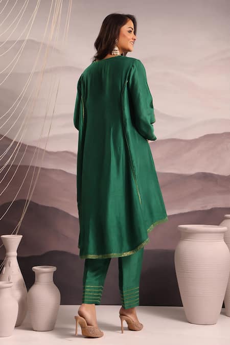 Shop_OMI_Green Silk Sequins, Embroidery Split V-neck High Low Kurta With Pant _at_Aza_Fashions